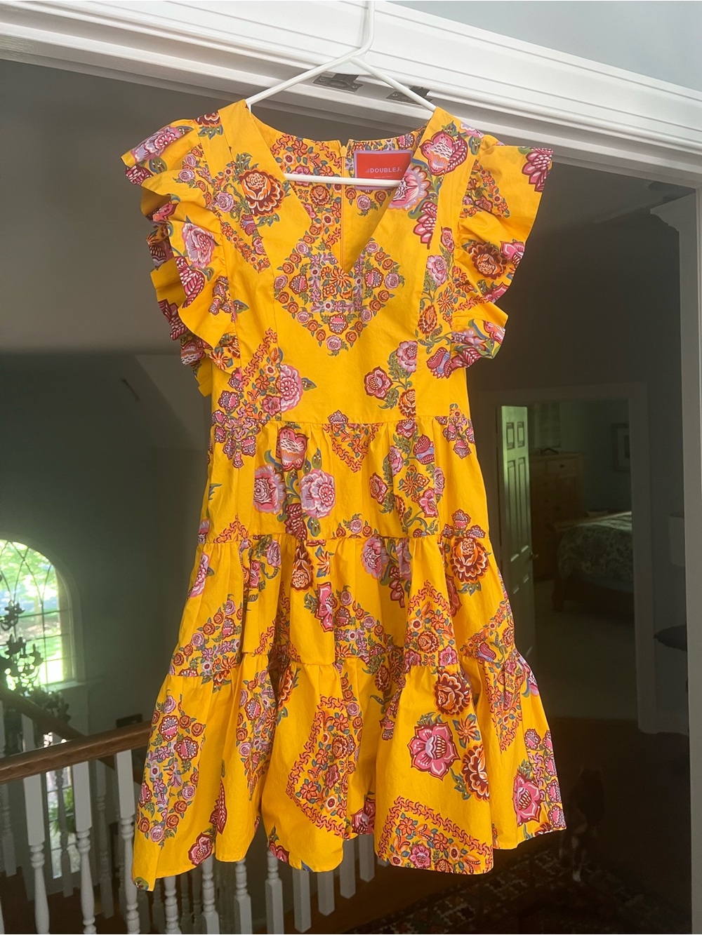 LA Double J Yellow Floral Ruffle Tiered Dress Size XS